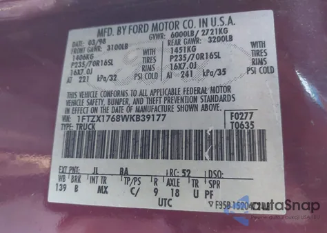 1998 Ford F-150 Lariat/Standard/Xl/Xlt from USA, damaged, VIN 1FTZX1768WKB39177